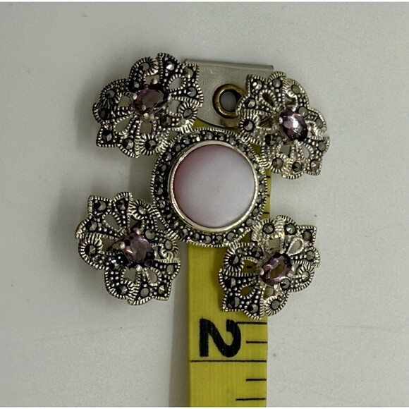 Sterling Silver Sparkling Amethyst & Marcasite Brooch Pin Cross Or Four-Lobed - Picture 6 of 11